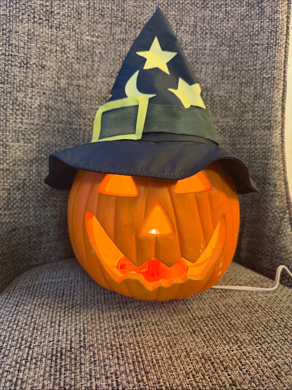 Vintage Gemmy Industries Light Up Halloween Foam Mold Pumpkin Head W Witch Hat